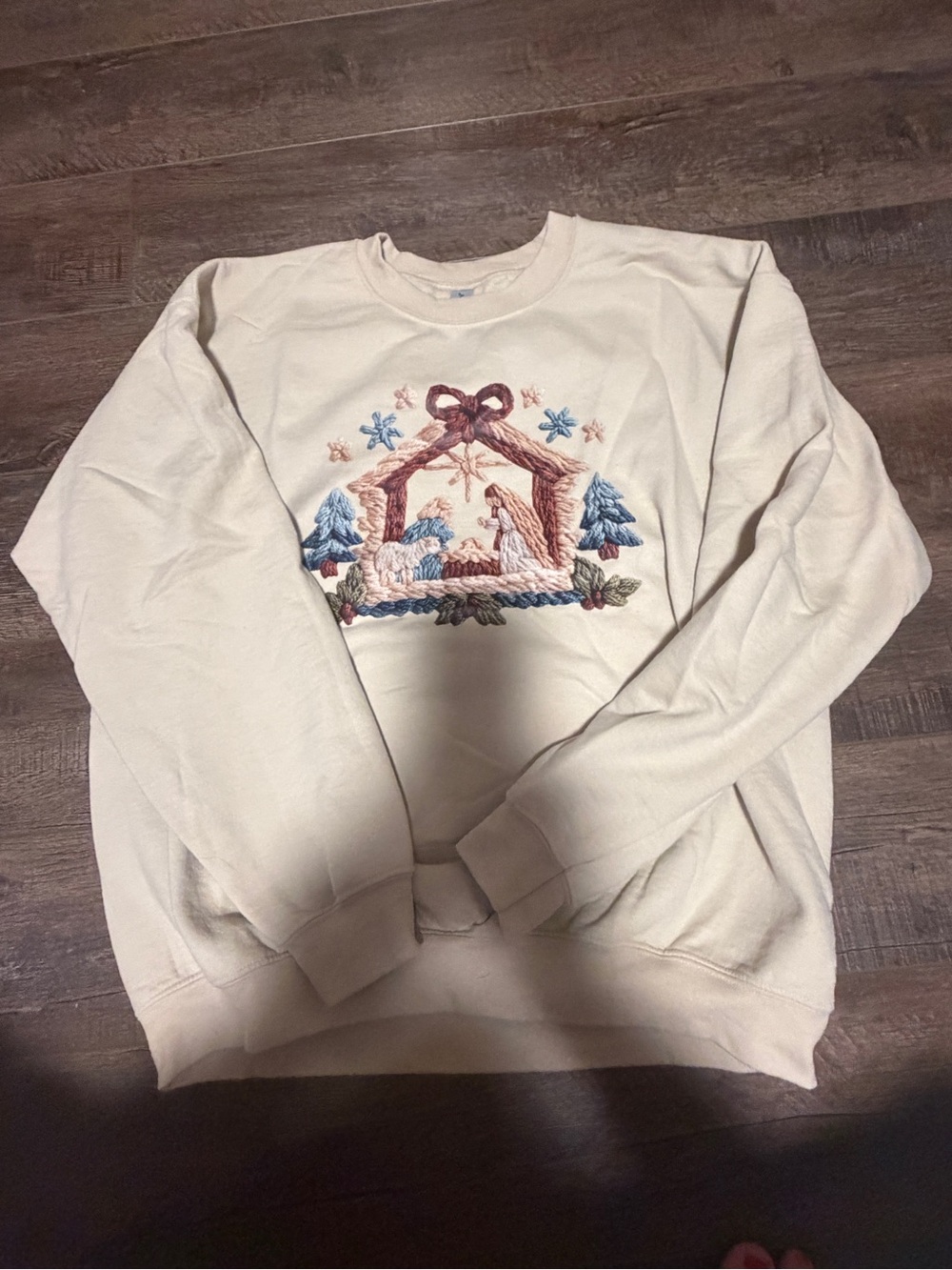 Cream Crewneck Sweatshirt with Nativity scene